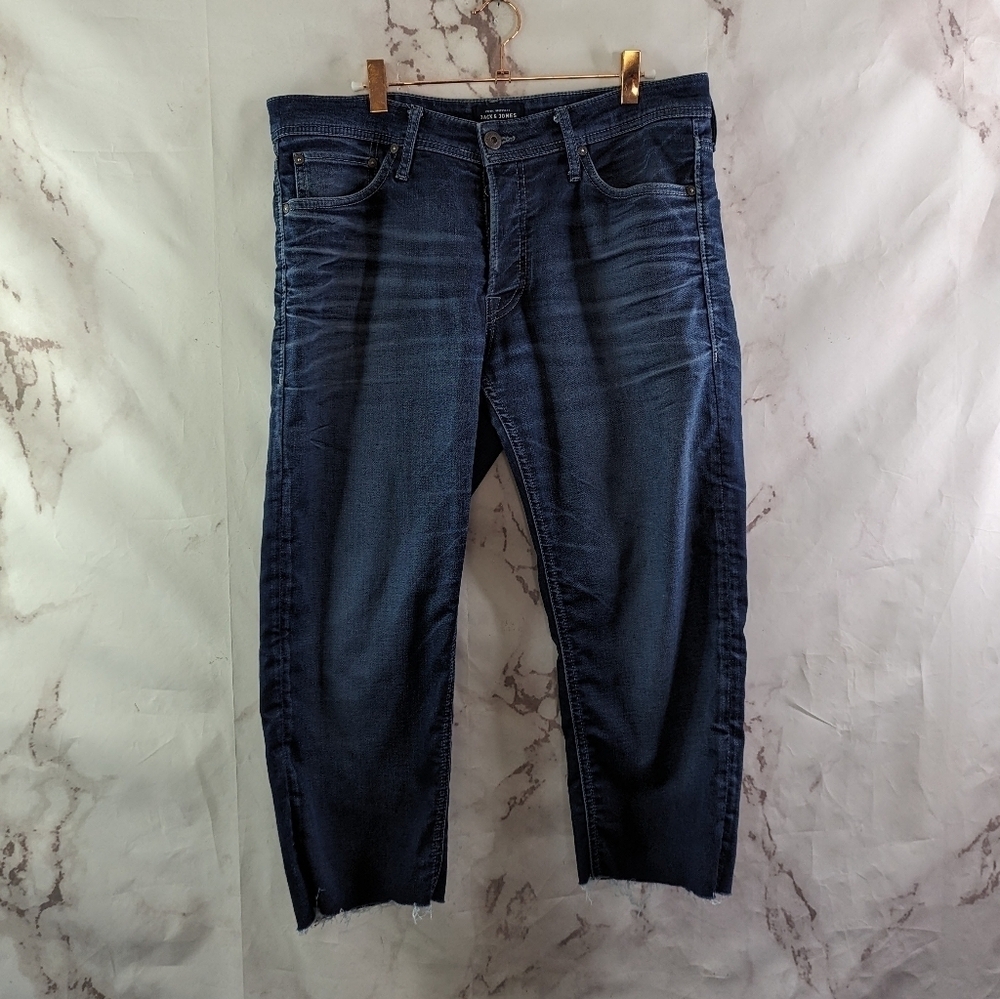 Jack & Jones Jeans Men 32 Crop Dark Wash Denim Indigo Knit Mike Comfort Whisker